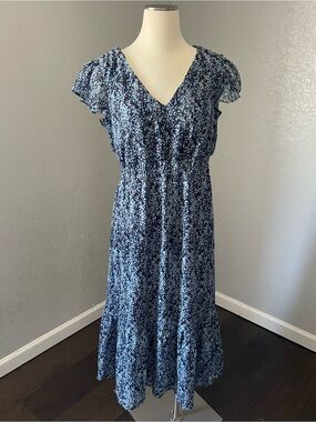 Nicole Miller Blue Floral V‑Neck Tiered Maxi Dress